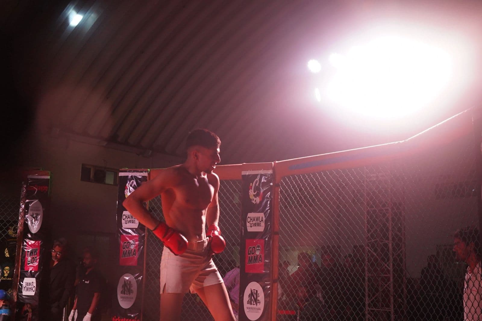 A fighter stands in the cage under a bright floodlight, Devils Octagon Season Three